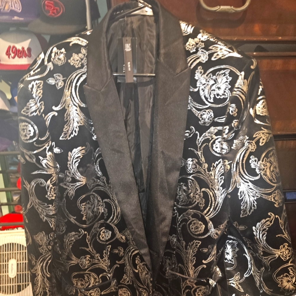 INC black silver jacquard jacket